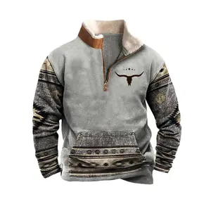 Mens Cowboy Sweatshirt Vintage Enthic Print Western Aztec Sweatshirt Casual Long Sleeve 1/4 Zip Fleece Pullover Menswear Ethnic