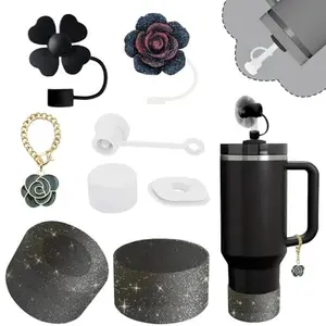 Stanley Cup Accessories Set,Including 2 Pcs 0.4in Straw Cover, 1 Silicone Spill-Proof Stopper Set of 3, 1 Cute Rose Handle Charm, 1 Silicone Boot Fits Stanley 40&30 Oz Tumbler (Black 2.0)