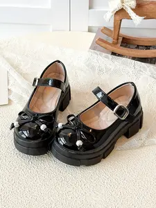Girls' Mary Jane Thick Sole Leather Shoes, Elegant Bow & Pearl Decor, Anti-Slip Wear-Resistant, Adjustable Buckle Strap, Vintage Lolita Style, Adjustable Mary Janes
