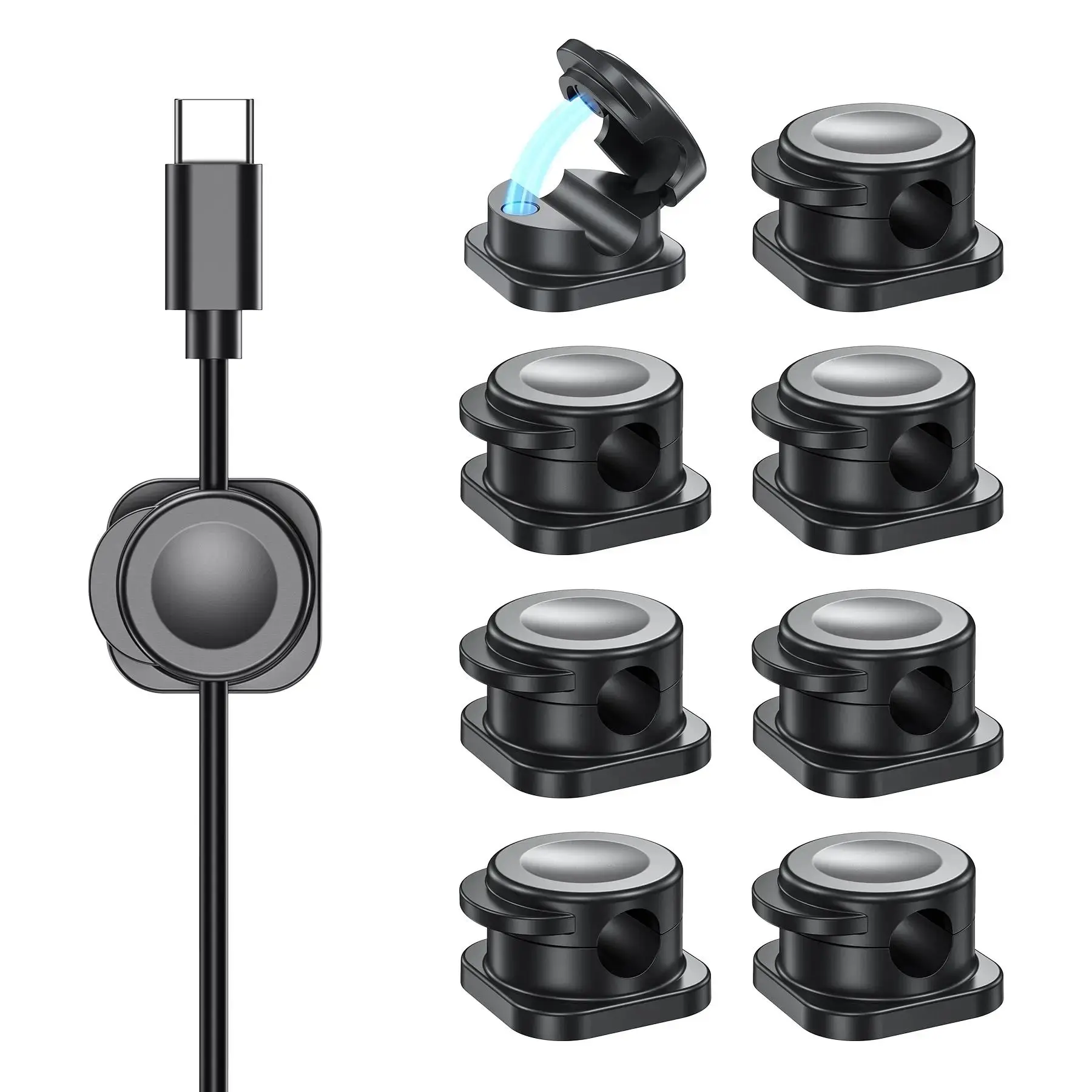 MagLeap Metal Magnetic Cable Management Clips (8-Pack) - Self-Adhesive Cord Organizer with Strong Backing, Magnetic Hold, Plastic Components, Wire Hiding, Residue-Free Removal for Indoor Office Desk, Car