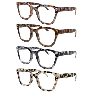 4 Pcs Stylish and Timeless Printed Reading Glasses with Blue Light Protection; Square and Round Plastic Full-rim Frames; equipped with sturdy spring-loaded metal hinges; help relieve eye strain; perfect for daily commutes or as a holiday or birthday gift.