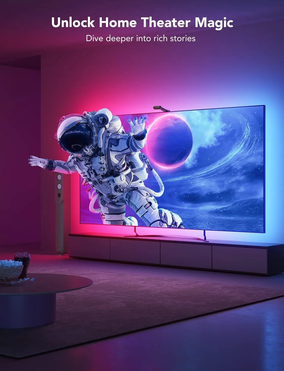 RGB Camera LED TV Backlight, Dynamic Colors Flexible Strip for 60-100" TV/Monitor, Smart App Control, Music Sync Cuttable Lights with Sync Modes, Gaming Setup Home Theater Ambient Lighting Decor
