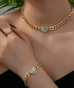 3pcs Set Heart Rhinestone Jewelry - Necklace, Bracelet, Ring for Women, Gift for Daily & Party Use