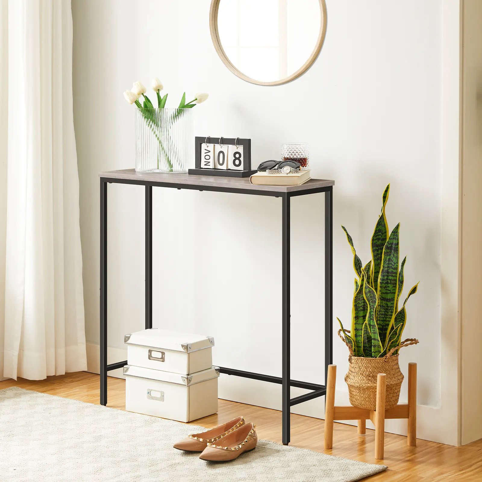 HOOBRO Narrow Console Table, 29.5" Small Entryway Table, Thin Sofa Table, Side Table, Display Table, for Hallway, Bedroom, Living Room, Foyer, Greige and Black #SummerVibes