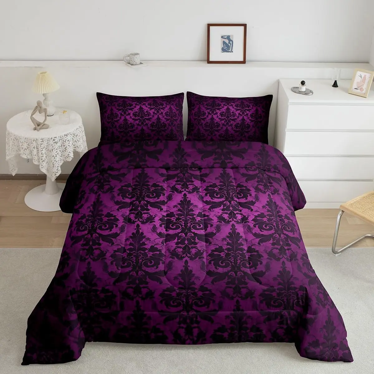 Feelyou Queen Size Gothic Victorian Black Damask & Floral Comforter Set - Microfiber Soft Bedding Set with Purple Decorative Accents, Microfiber Bedding Set