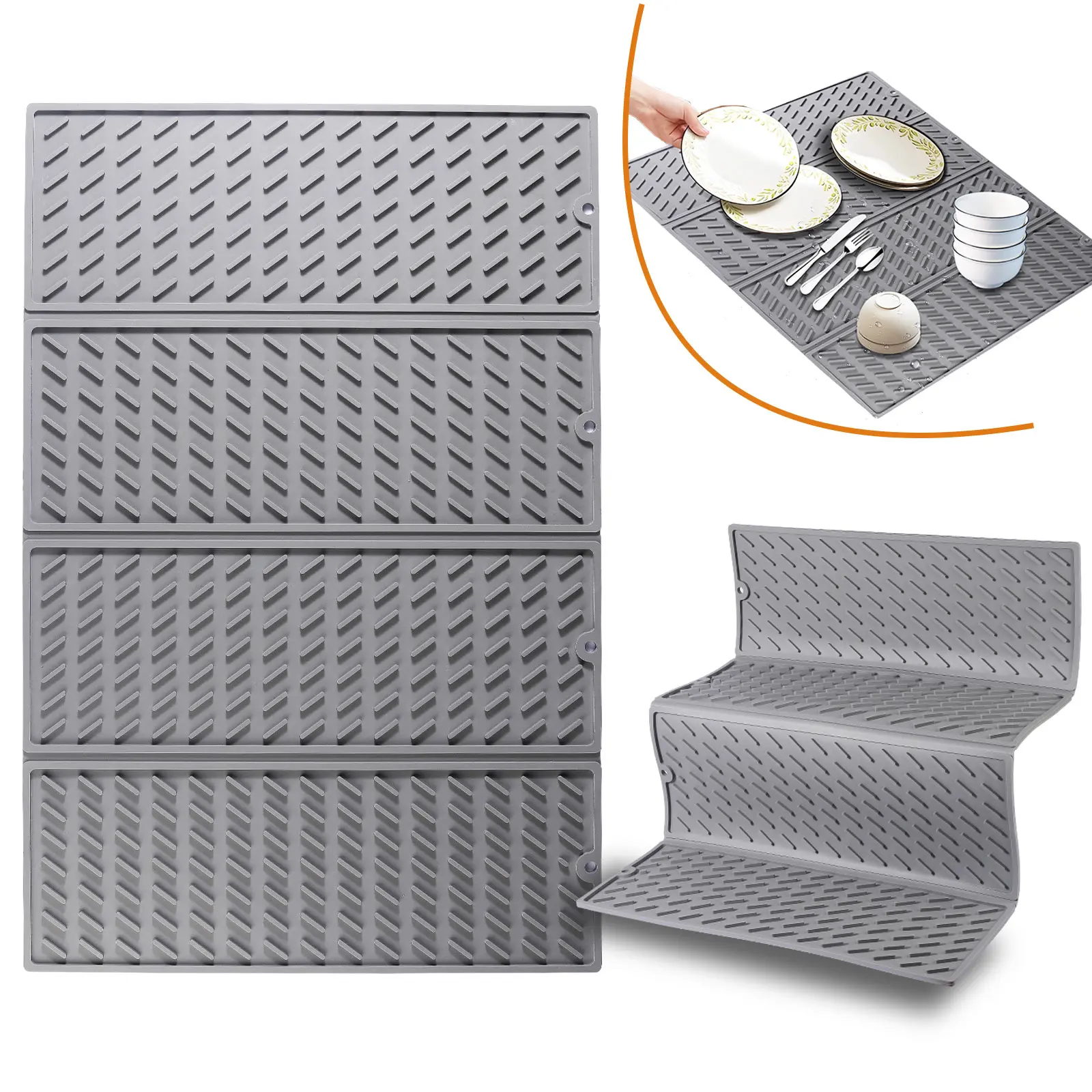 Silicone Dish Drying Mat for Kitchen Counter, Four Fold Large Silicone Drain Mat, Non-Slip Dish Drying Mats, BPA Free, Easy to Clean, Tableware