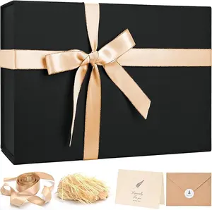Large Black Gift Box with Ribbon – Luxury Present Box with Shredded Filler & Card for Christmas, Birthday, Wedding & Anniversary Gifts