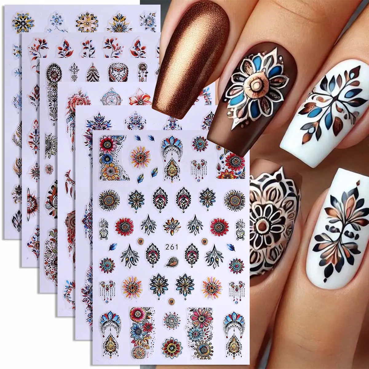6pcs Bohemian 3D Nail Art Stickers Set, Nail Art Design, Nail Designs, Paisley Floral Mystical Patterns, Perfect for Women & Girls, Decorative Nail Decals, DIY Nail Art, Nail Art Sheet, Nail Art Supplies