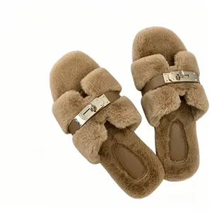 Women's Fuzzy Open Toe Slide Slippers, Luxe Metal Buckle Plush Sandals, Soft Faux Fur House & Outdoor Slides, Comfy Fluffy Flat Slippers for Fall Winter