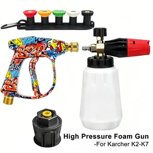 Graffiti High-pressure Water Sprayer Foam Sprayer with 1/4 Nozzle Set & Rubber Nozzle Bracket, Suitable for Karcher K2-k7 Cleaning Machine, Car Washing Spray, 1L Adjustable Foam Sprayer, Car Detailing Cleaning Tool, Car Wash Equipment, Foam Lance