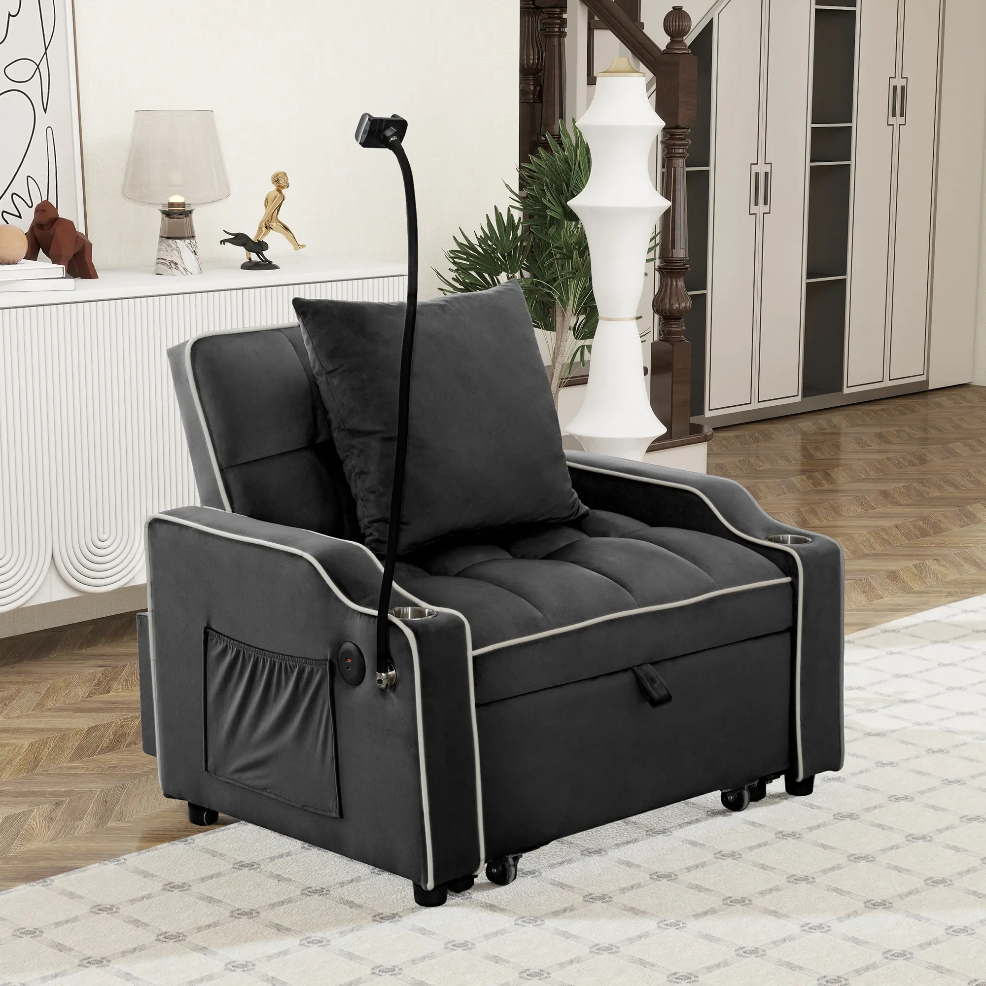 Convertible Velvet Chair Bed, 3-in-1 Sleeper Sofa with USB Ports & Phone Holder, Adjustable Recliner for Small Spaces, Black