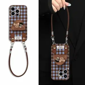 Coffee Bear Portable Phone Case with Lanyard, compatible with iPhone 17, 16, 15, 14, 13, 12, 11, 7, 8, X, XS Plus, Pro Max / Galaxy S25/24/23/22/21/20/Note20/10 models. Trendy phone case, full protection, perfect gift or phone stand. -- 975