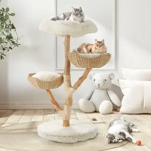 Multi-platform Natural Wood Cat Tower, Cute White Cat Tree for Indoor Cats with Hand-woven Baskets and Wear-resistant Scratching Post