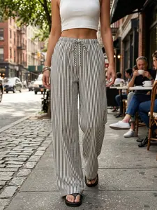 Women's Striped Print Drawstring Waist Pants, Casual Comfy Wide Leg Trousers for Daily Wear, Ladies Bottoms for All Seasons
