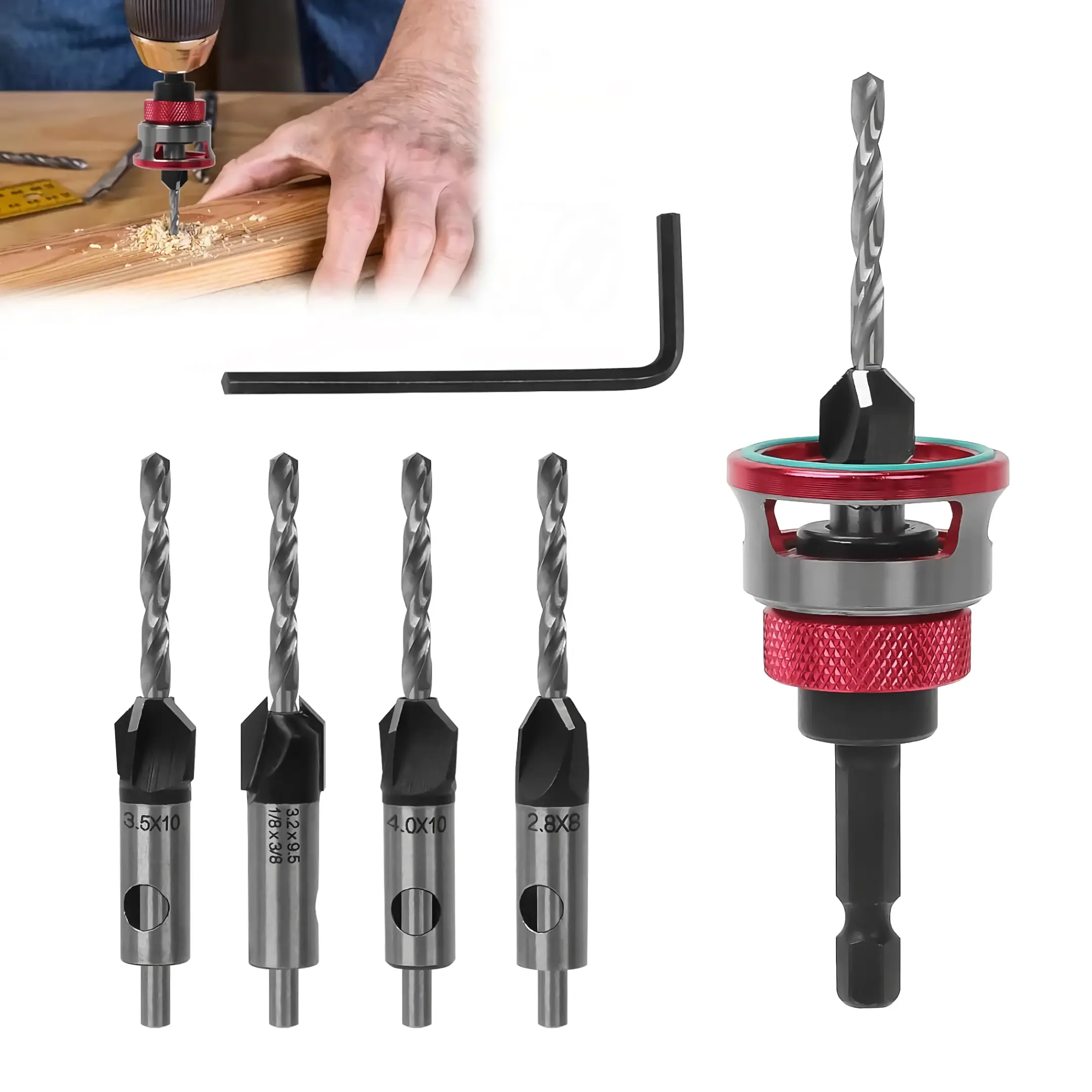4PCS HCS (High Carbon Steel) 4-Blade Countersink Drill Bit Set with Adjustable Depth Stop, L-Shape Wrench, Work Tools for Precision Drilling, Suitable for Wood and Plastic, Tool Included for Drilling in Wood and Plastic