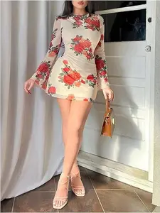 Women's Cheetah Leopard Print Dress Y2k Backless Mesh Long Sleeves Bodycon Mini Dresses