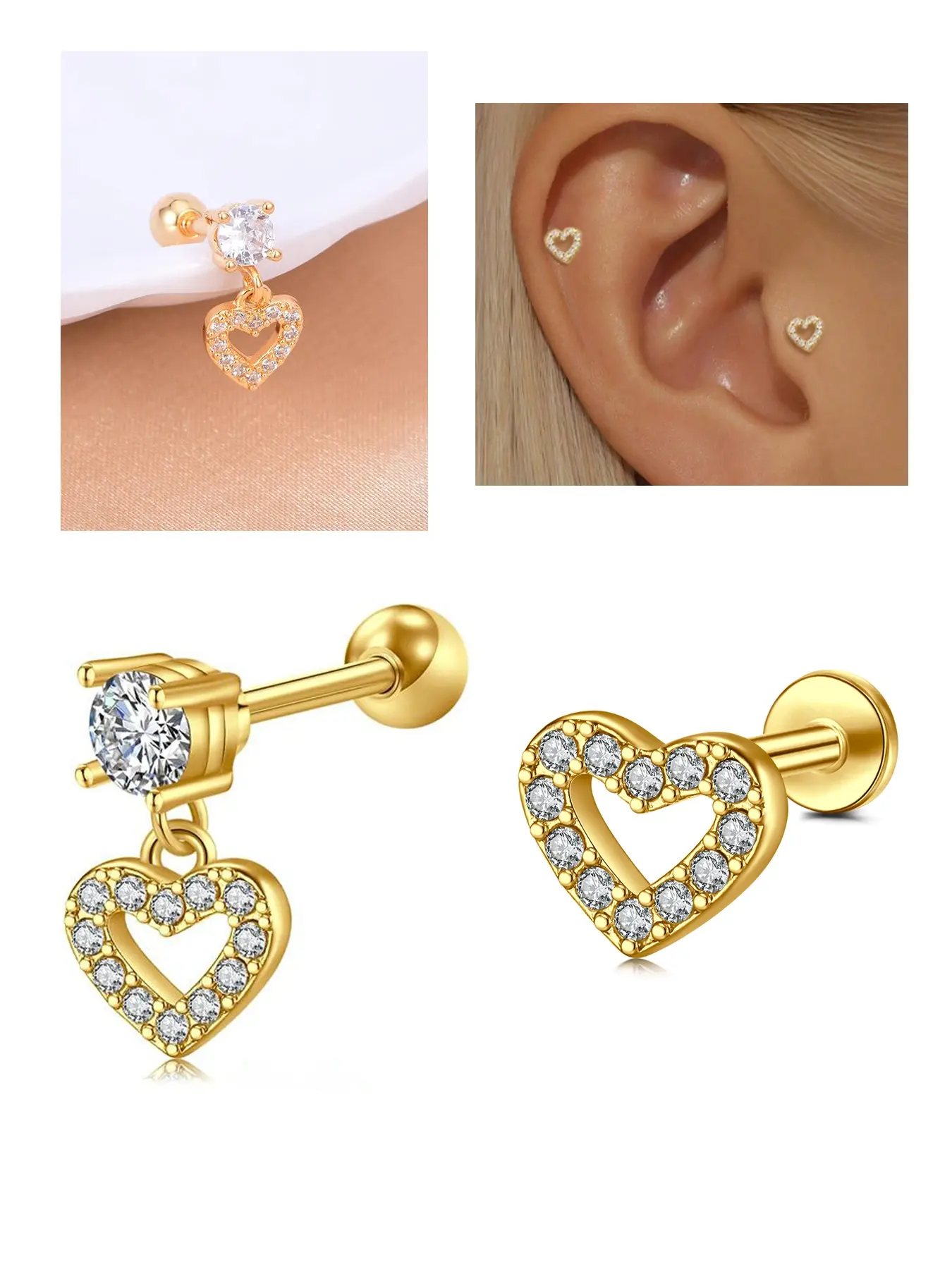 16G Cartilage Helix Earrings Jewelry Stainless Steel Heart Tragus Earring Flat & Ball Back Stud Earrings for Women Ear Studs Heart Shaped Earrings Earring Set Stud Earring Sets