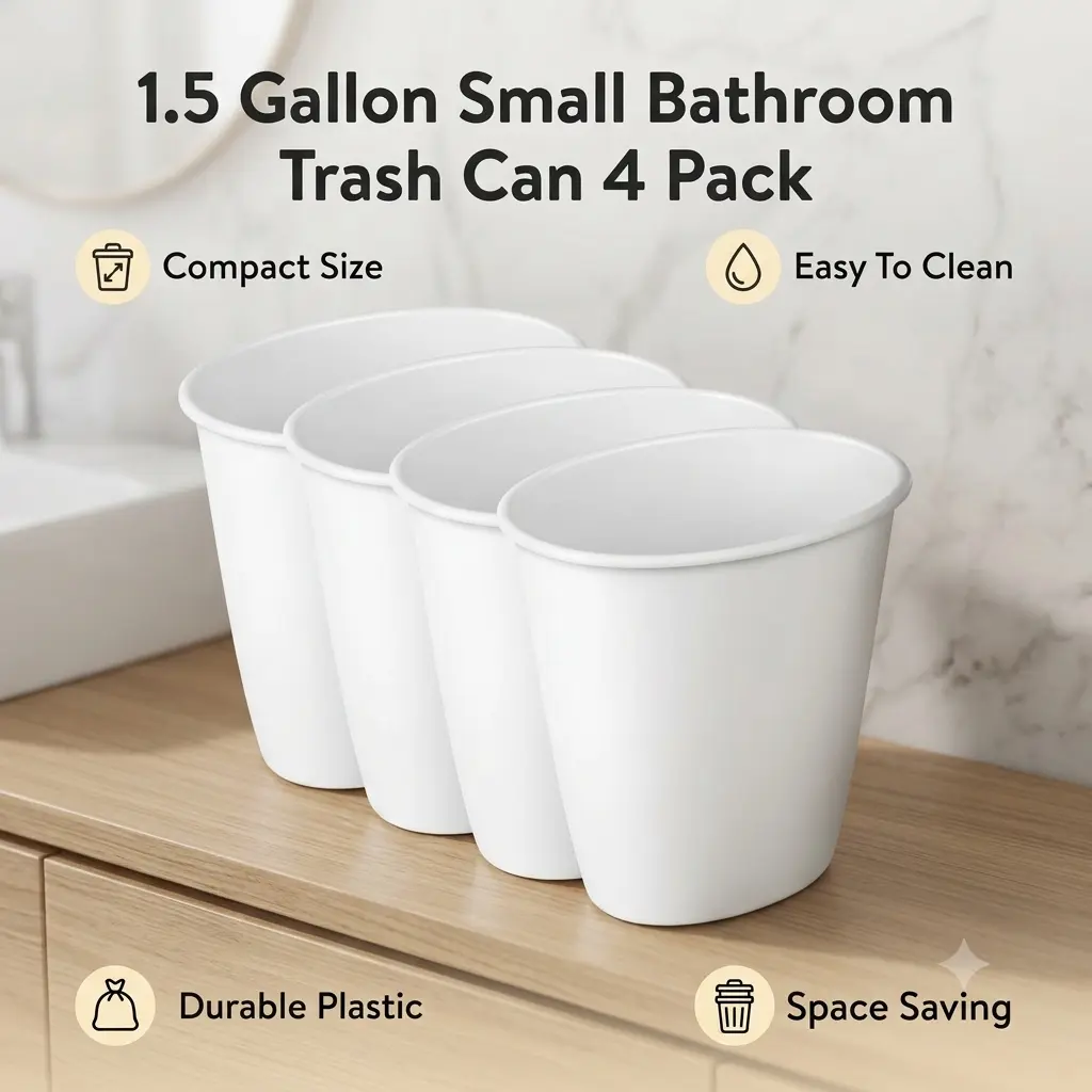 4-Pack 1.5 Gal White Slim Oval Plastic Trash Cans, Lidless Small Bathroom Wastebaskets, for Bedroom Office Home Supplies