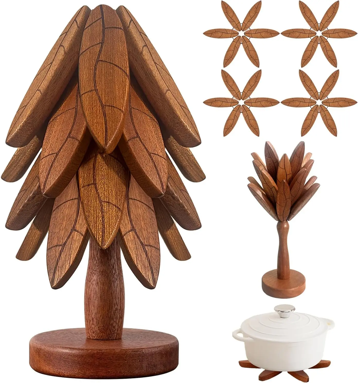 Natural Tree Trivet Set - 4 Wooden Trivets & 1 Stand - Heat Resistant Foldable Design - Durable & High - Tree Shape Trivets for Hot Dishes - Multi-functional Use - Special Texture - Interesting Gift for Christmas