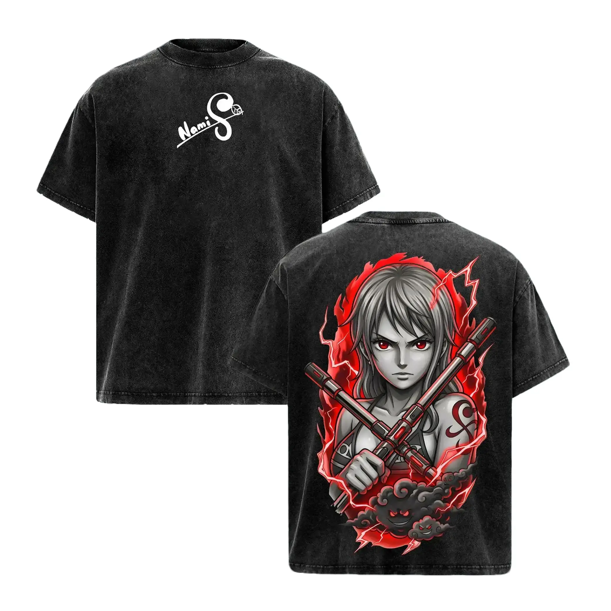Nami One Piece Vintage Acid Wash Oversized Graphic Tee Heavyweight Cotton Streetwear Anime Shirt Unisex Casual Top For Fans Gifts OP Straw Hat Pirate Retro Faded Y2K Aesthetic Trendy TikTok Shop Finds Japanese Manga Apparel Premium Gym Pump Cover Tops