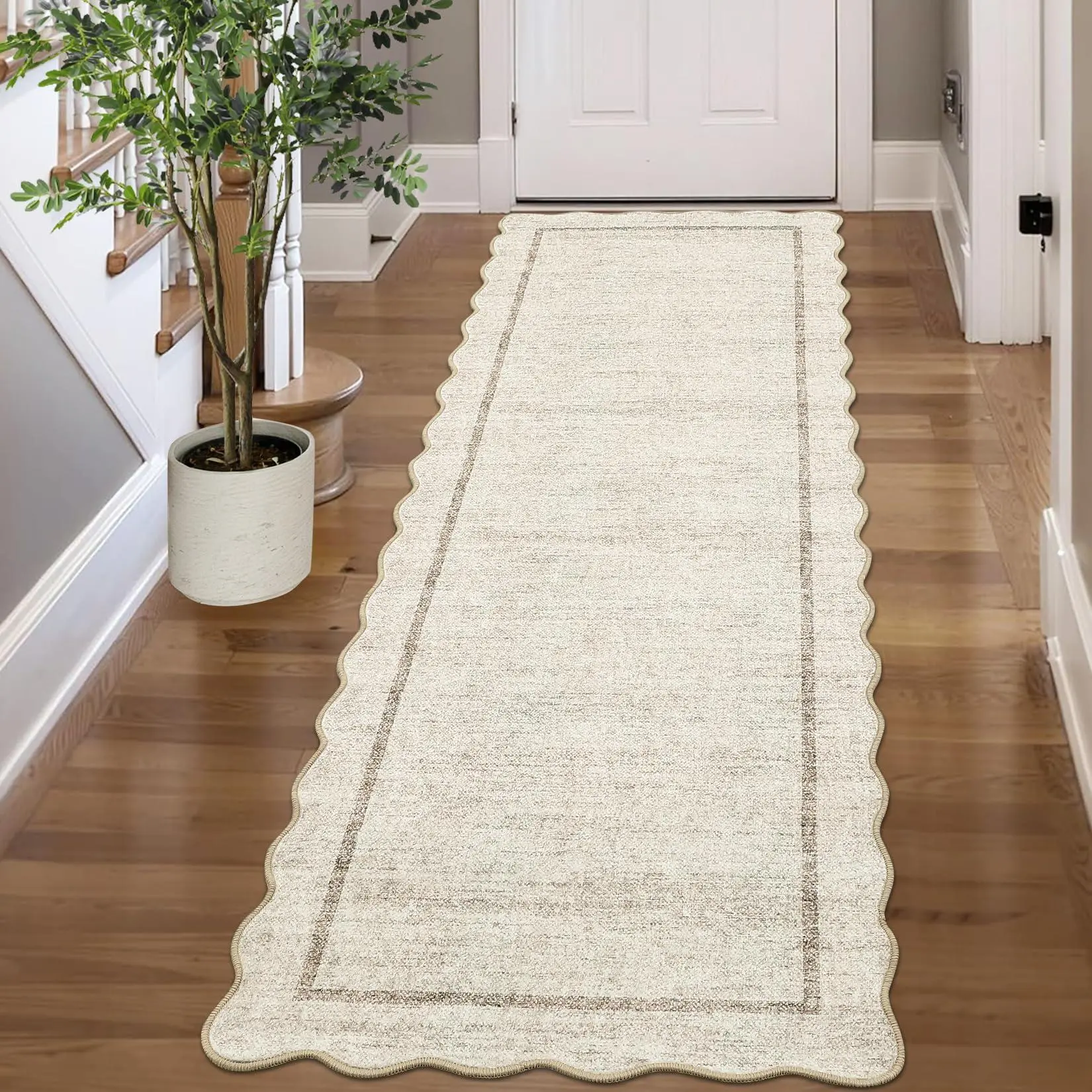 Scalloped Rug Runner 2x10 Washable Runner Rug Non Slip Hallway Rugs Indoor Neutral Kitchen Long Mat Soft Non-Shedding Floor Cover Low Pile Thin Foldable Throw Rugs for Bedside Entryway Beige