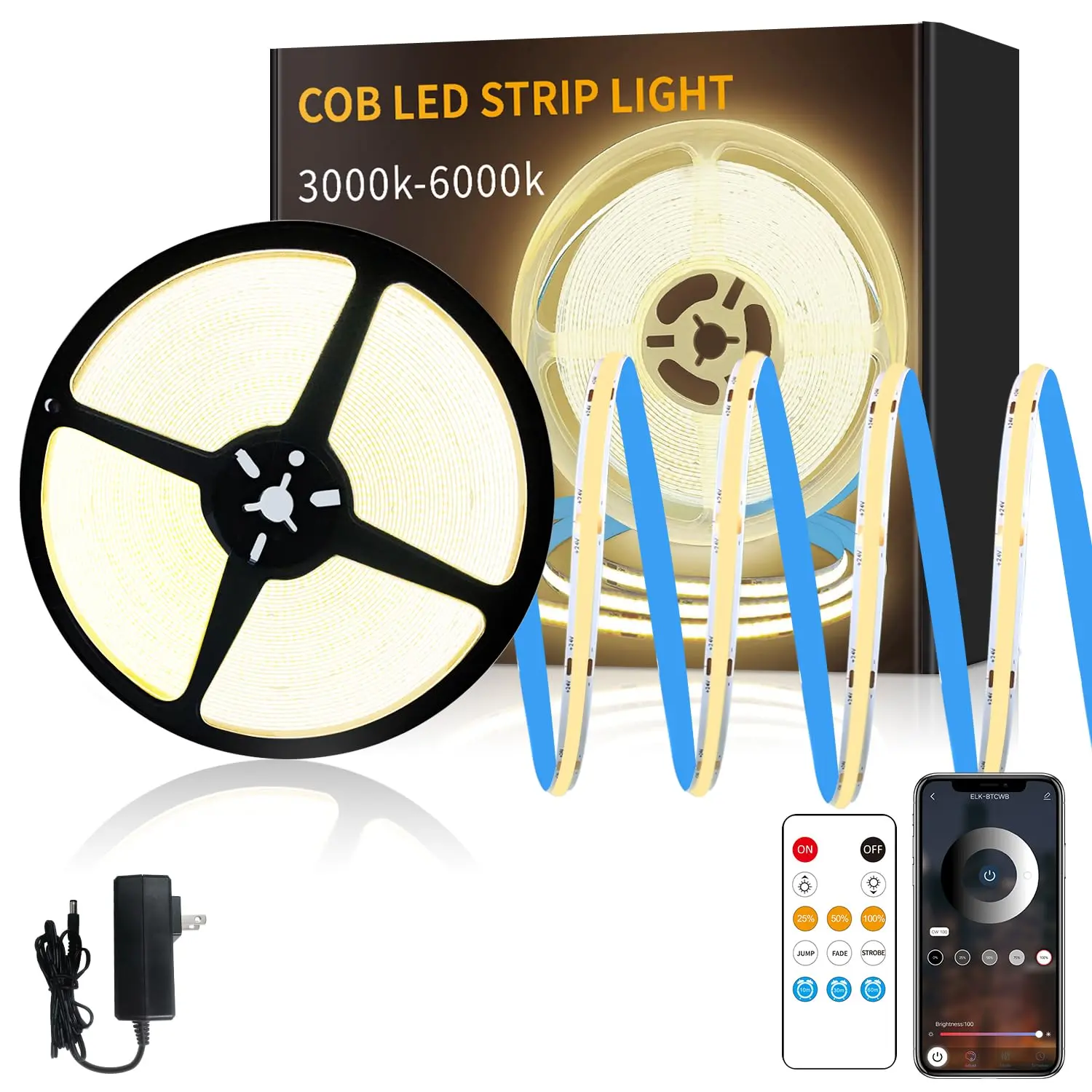 COB LED Strip Lights 3000K – Dimmable Warm White Flexible Tape Light with Remote & App Control, CRI90+ for Bedroom, Living Room, Shelves & Cabinet Home Decor summerwins