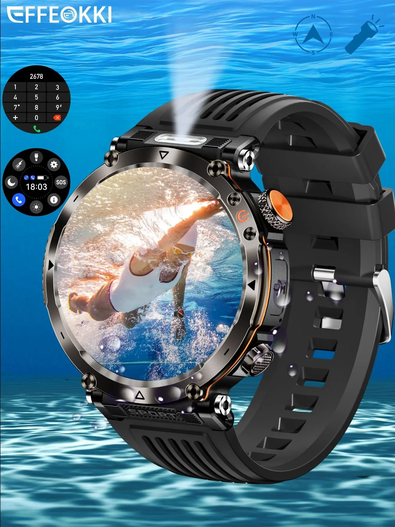 Men’s Wearable Electronic Watch with 1.7" Round Display - Wireless Calling, 100+ Sports Modes, Fitness Tracker, IP68 Waterproof, Altitude Sensor, Compass, Camera, iOS & Android Compatible