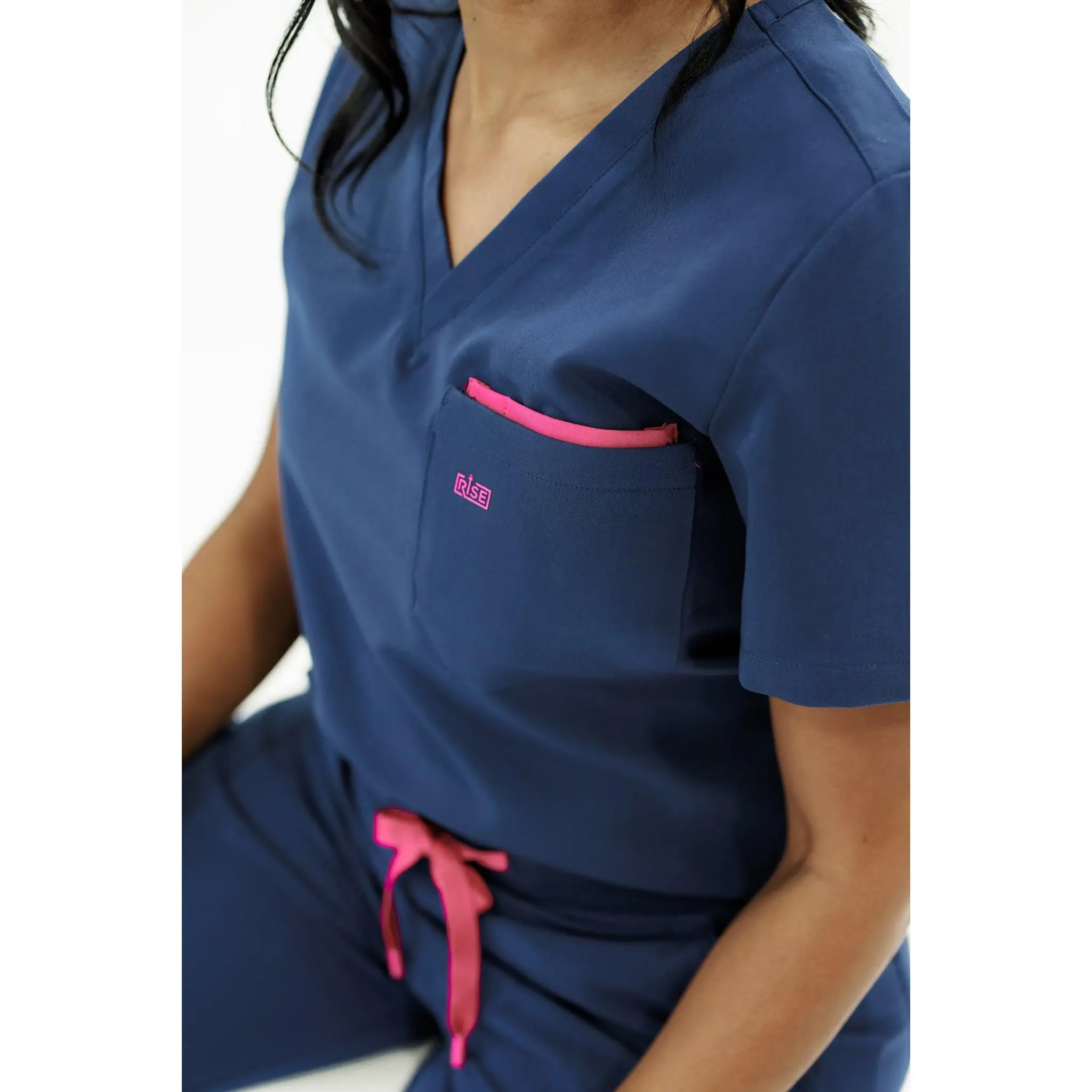 Women V-Neck Scrub Top (Navy) Clothes Fabric