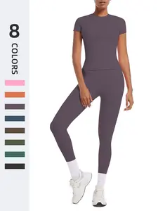 Women's Solid Color Short Sleeve Tee & High Waist Skinny Pants Set, Leggings Tracksuit Set, Breathable Yoga Gym Workout Running, All Seasons Sportswear