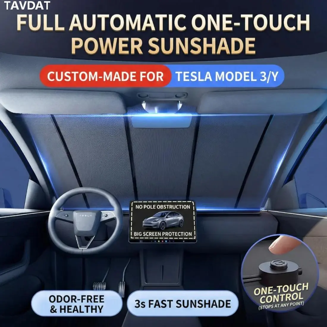Fully Automatic Retractable Car Sunshade - 1-Touch Lift/Lower, Sun-Proof Heat Insulation Blackout, Adjustable Sun Shade for Car Window & Front Windshield, Tesla Automotive Exterior Accessory
