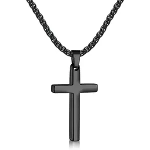 Fiusem Cross Necklace for Men, Silver Tone/Gold Plated/Black Mens Cross Necklaces with 2.5mm Chain, Stainless Steel Wheat Chain, 16-24 Inch