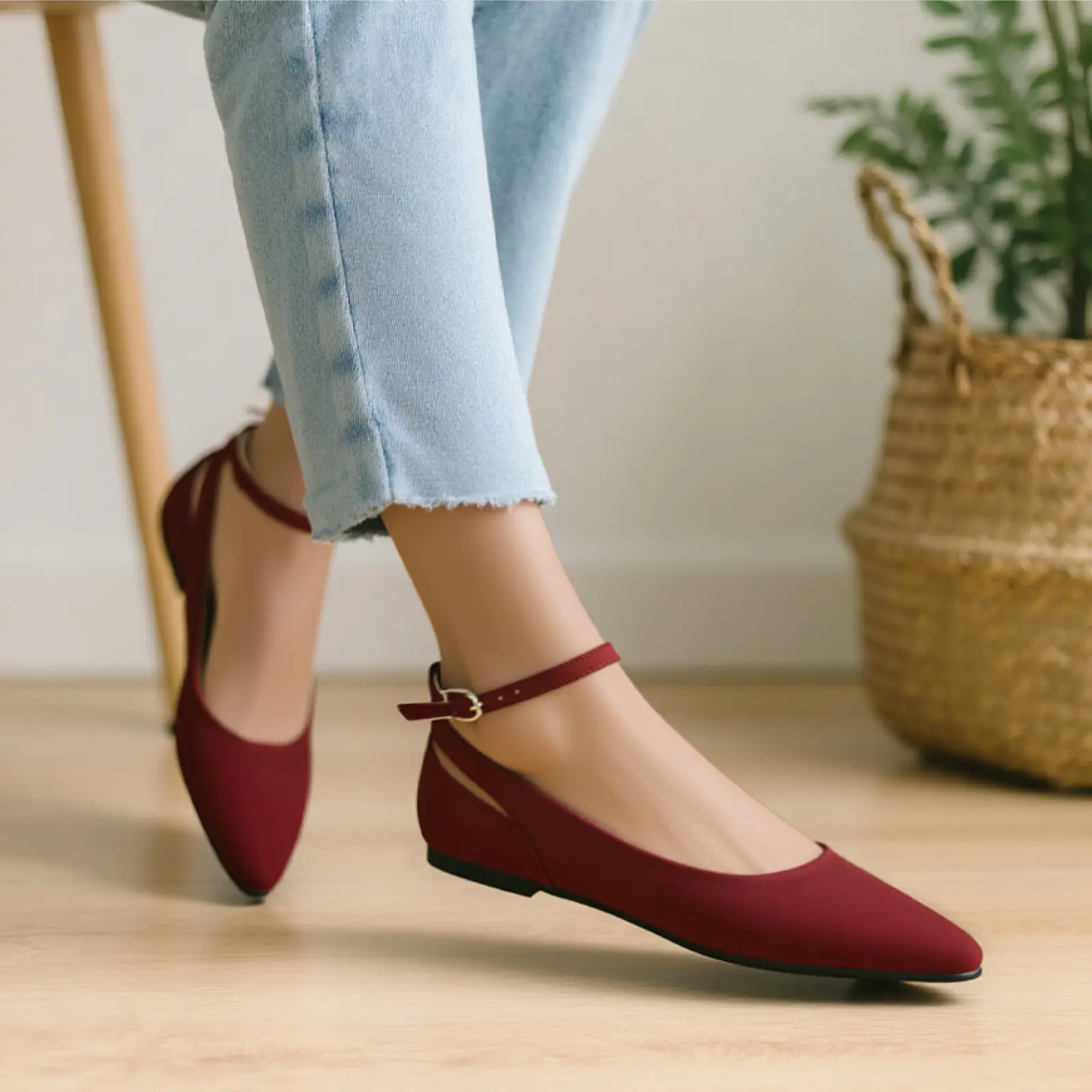 Flats for Women, Dressy Low Wedge Flats with Ankle Strap, Point Toe Comfortable Flat Shoes for Work and Office