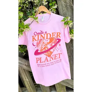 Tees2urdoor Women's Fitted Short-Sleeve Crew Neck Print T-Shirt - "Create A Gentler Planet" Statement Streetwear Top, Soft Fabric, Simple Style, Everyday Casual & School Wear