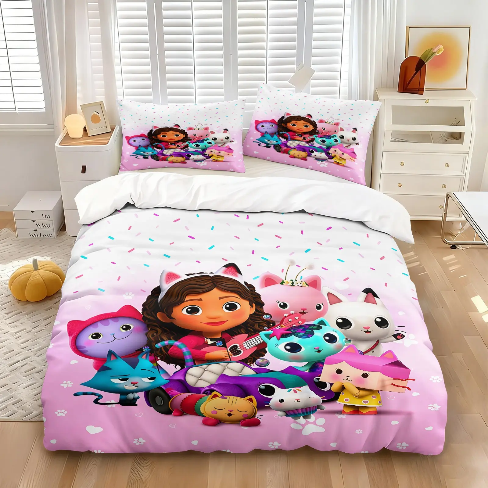 Gabby's Dollhouse Theme Bed Sheet Set, Healing Cartoon Character Print, Suitable For Children's Bedroom, Girl's Room Birthday Gift Style, Duvet Cover And Pillowcase Set, Comfy Bedding Set, Cartoon Printed Bedding, Without Core
