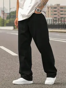 Straight Leg Denim Jeans Cotton Slant Pockets Washed Plain Jean, Dark Wash Jeans, Casual Versatile Wide Leg Jeans, Couple Matching Straight Fit Loose Fit, Streetwear Jeans With Pockets