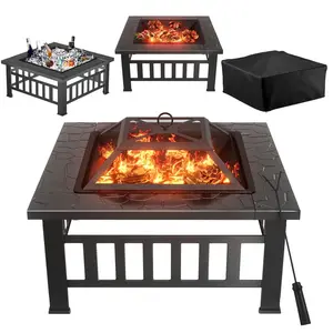 HOMALL 32" Patio Square Fire Pit Table for Patio Backyard BBQ, Ice Storage with Mesh Lid, Poker and Cover