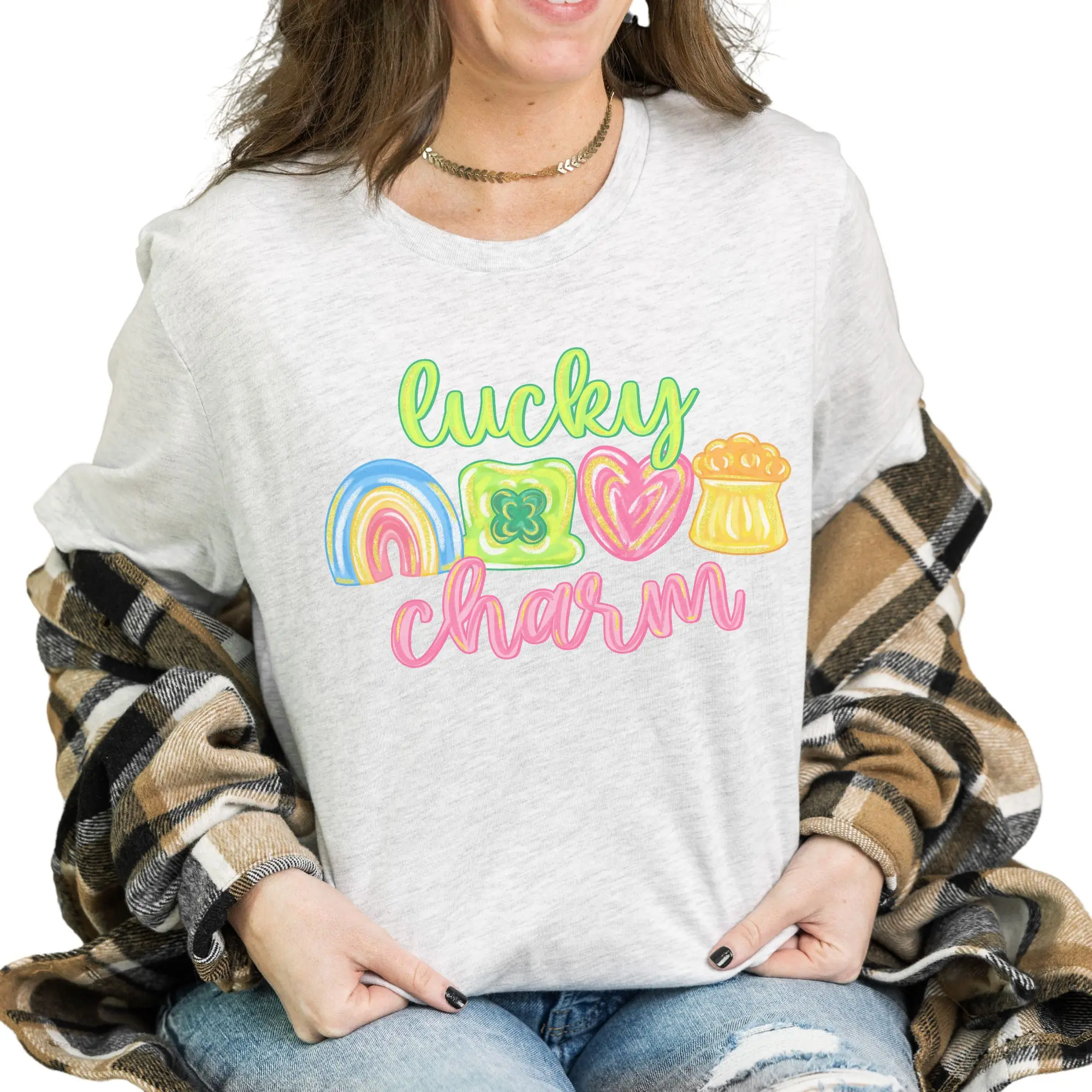 St Patrick SHIRT - Lucky Charm Bleached SHIRT -  Comfy Unisex Jersey Shirt - Bleached Graphic Tee Design, Random Bleaching, True-to-Size Fit, 35% Cotton 65% Poly - Fabric