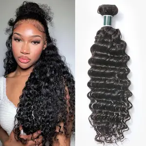 Human Hair Bundle Deep Wave Unprocessed Cambodian  Hair 24 Inch, Flip Over Quick Weave Wet and Wave  for Women  Black