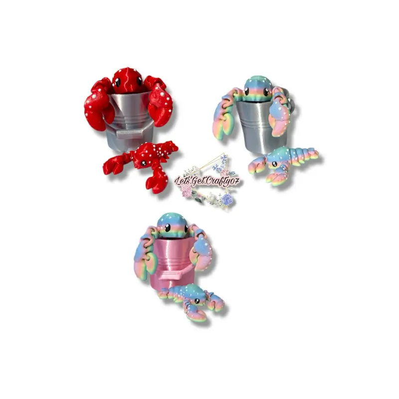 3D Printed Miniature Lobster Figurines in Bucket - Red with White Detail, Ideal for Seafood Lovers & Unique Gifts for Easter Baskets. Mama lobster & her baby
