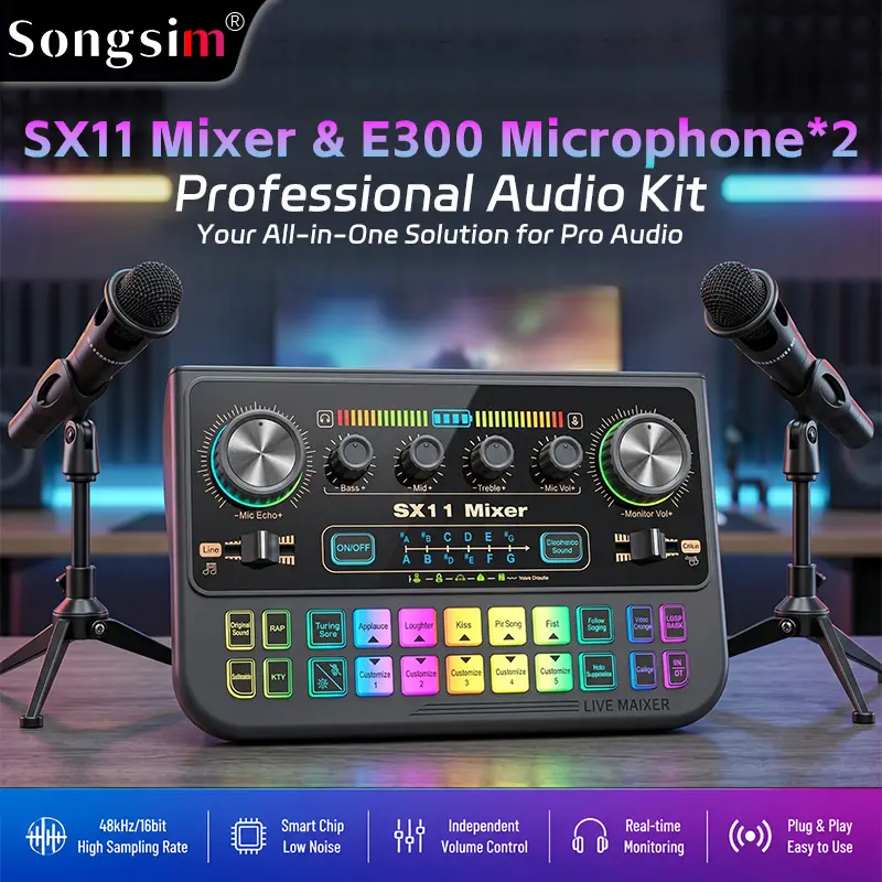 Songsim-SX11 & E300 2-Person Podcast Equipment Bundle - All-in-1 Live Streaming Sound Card, E300 Microphone, Streaming Equipment for Smartphones, Computers
