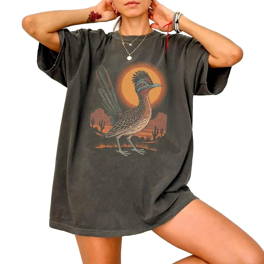 Roadrunner T-shirt ,Comfort Acid Wash T-Shirt, Vintage Desert Graphic T-Shirt, Boho Western Top, Retro Southwest Nature Tee, Trendy Women's Shirt, Game Day Tee, Vintage Style Graphic Design T-Shirt, Vintage Baggy Style Streetwear Tops