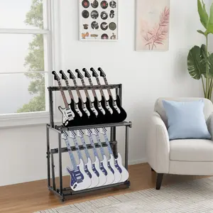 Multi Guitar Stand, Folding 14 Standing Floor Multiple Guitars Display Rack, Adjustable Guitar Storage Holder with Soft Sponge Adjustable Height Double Tier Ukulele Stand Black