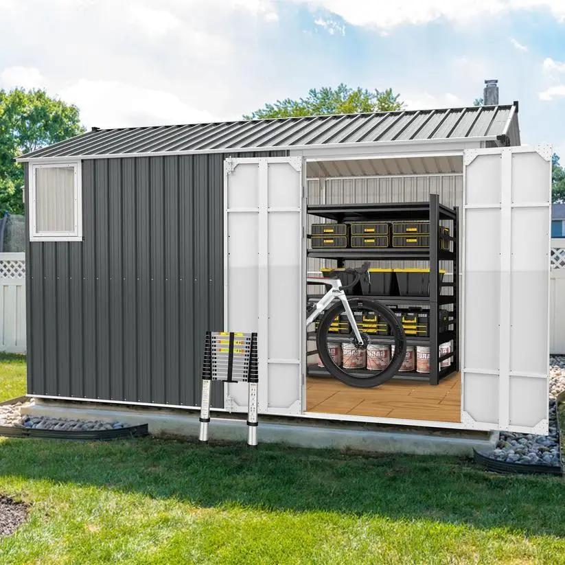 8x12 ft Steel Outdoor Storage Shed with Hinged Double Doors and Window