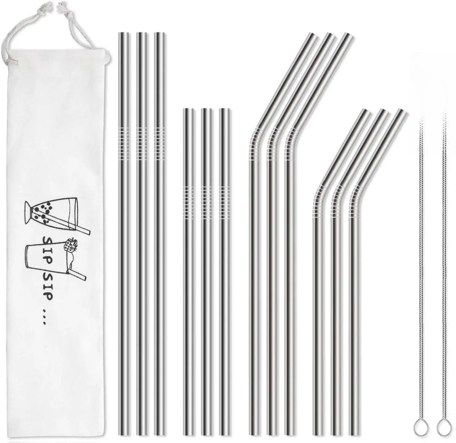 12-Pack Eco-Friendly Metal Reusable Stainless Steel Straws with Case & Decomposable Bag - Dishwasher-Safe Kitchenware, Bar Utensils for 20oz Tumblers, Hiking - 2 Colorfast Cleaning Brushes, Long/Regular Sizes