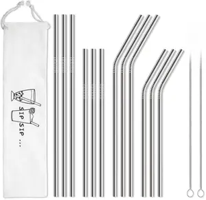 12-Pack Reusable Stainless Steel Metal Straws with Case - Long Drinking Straws for 30 oz and 20 oz Tumblers Dishwasher Safe - 2 Cleaning Brushes Included Cocktails Disposable