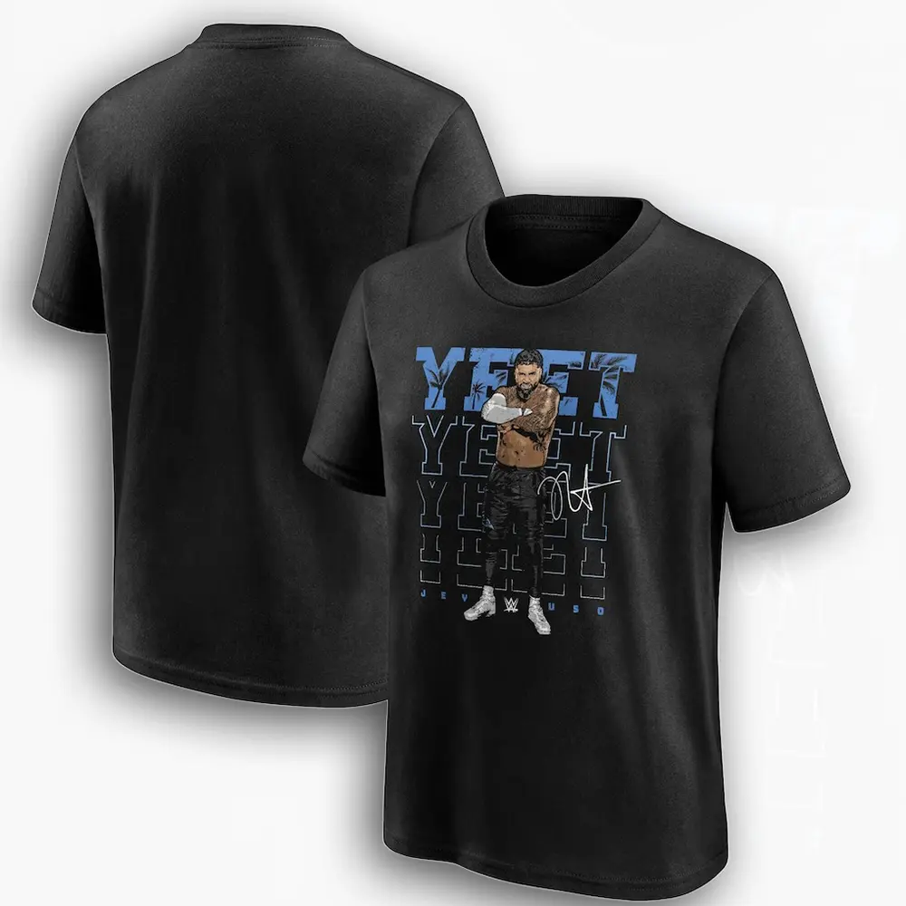 Menswear Fitted Short-Sleeve Cotton Soft Jey Uso Yeet Wrestling Graphic T-Shirt, Black Casual Streetwear Fan Top