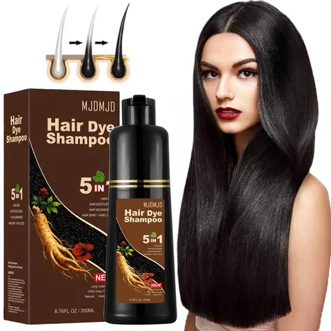 MJDMJD 5-in-1 Black Hair Dye Shampoo - Quick-Acting Color Solution, Ginger & Ginseng Extracts, White Hair Coverage, Natural Ingredients, Easy Use, 200ML Haircare, Halloween Holiday Gift for Adults
