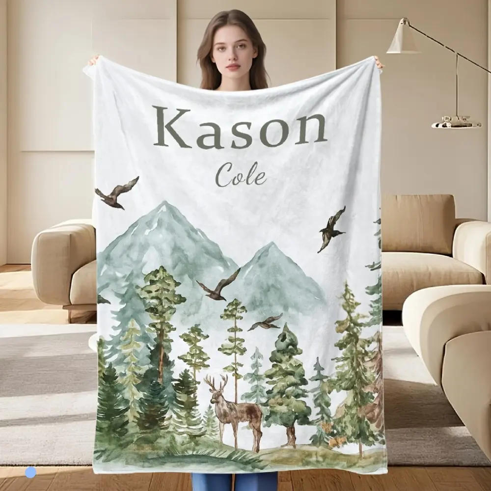 1pc Personalized Name Flannel Blanket, Custom Woodland Blanket with Name, Customized for Family Friends, Name Blanket for All-Season, Soft Cozy Throw for Home Sofa Office Camping Travel, Gifts for Birthday Christmas 280gsm