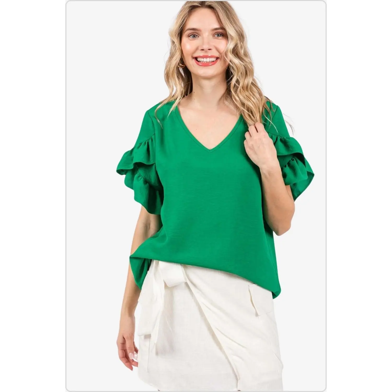 Women's Elegant Ruffled V-Neck Blouse in Kelly Green
