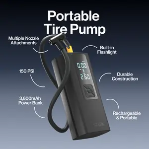 STATIK TireHero: Air Pump & Power Bank | 150 PSI | 3600mAh | LCD Display | Multiple Nozzles | Portable Tire Inflator for Car Bicycles & Motorcycles